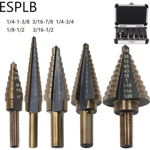 ESPLB 5pcs HSS Cobalt Titanium Step Drill Bits Multiple Hole 50 Sizes High Speed Steel Drill Bits Cone Drill Hole Cutter Bit