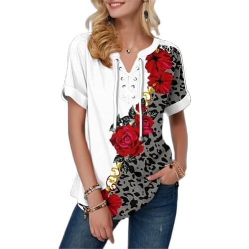 5XL Plus Size Women Short Sleeve T-Shirts Fashion Flower Print Bandage V-Neck Summer Tee Loose Casual Lady Clothing 2021 T-Shirt