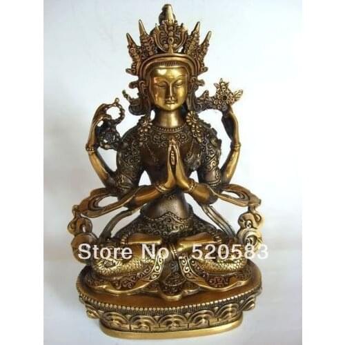 Free shipping NEPAL TIBETAN STATUE CHENREZI BRONZE BUDDHA 8"