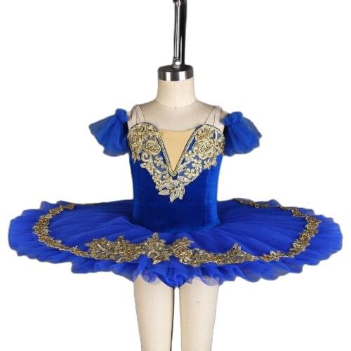 All For Dance Royal Blue Velvet Gold Trim Pre-professional Pancake Ballet Tutu For Ballerina Performance Dance Wear Dance Dress