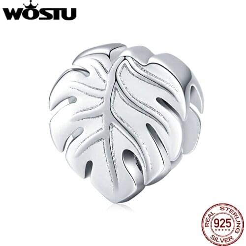 WOSTU 100% 925 Sterling Silver Monstera Deliciosa Beads Plant Charm Fit Original Bracelet Pendant Fashion Wedding Jewelry DAC141