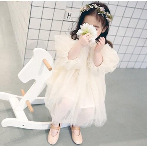 New Sweet Children Dress Spring Autumn Puff-Sleeve Lace Hollow Out Wedding Party Priness Dress Loose Kids Clothes Girls Dress