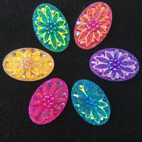 DIY 6PCS 20mm*30mm AB Resin Mix Oval Flower Rhinestone Flatback Wedding Buttons R21