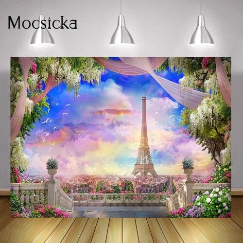 Eiffel Tower Sunset Photography Backdrop Floral Romantic Wedding Portrait Background Natural Scenery Flowers Sea Photo Studio