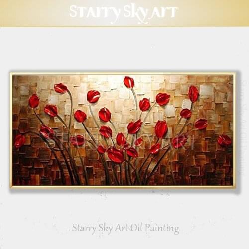 Pure Hand-painted Palette Knife Thick Painting Flower Oil Painting on Canvas Beautiful Wall Art Knife Red Flowers Oil Painting