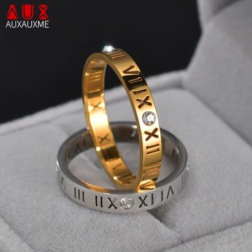 Auxauxme Hollow Lucky Roman Numerals Rings Gold Plating Titanium Steel Crystal Wedding Ring Couple Jewelry
