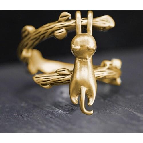 2021 New Fashion Design Kitten Climbing Tree Branch Ring Cute Cat Opening Ring Size Adjustable Women Jewelry Girl Birthday Gift