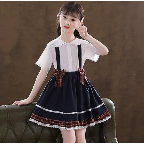 2pcs Girls JK Uniform Costume New Japanese Kids School College Wind Bow Plaid Strap Skirt Princess Cute Dress For Girls Full Set