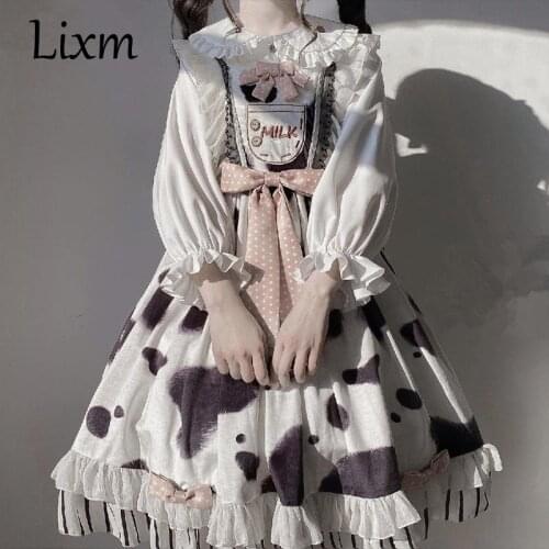 Kawaii Cow Print Dress Lolita Lolita Jsk Japanese Soft Girl Ruffled Strap Kawaii Lolita Dress Outfit Mori Girl