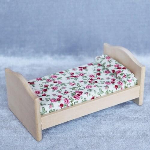 Miniature 1/12 Dollhouse Miniature Wooden Floral Bed Bedroom Decor Toy