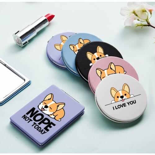 Cartoon Portable Makeup Mirror with Double Side Corgi Dog Magnifying Pocket Cosmetic Compact Vanity Mirrors Espejo De Maquillaje