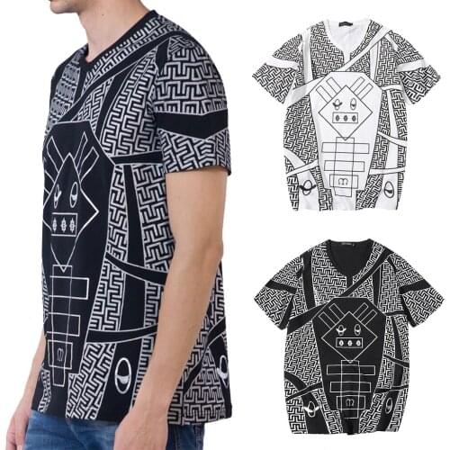 Men Geometric Dog Graphic T-shirt V Neck Short Sleeves Cotton Tops