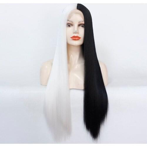 Half Black and White Color Party Custome Wigs Long Straight Wigs Synthetic Hair Lace Front Wig Heat Resistant 26inch