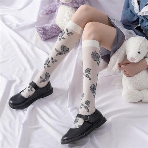 Retro Rose Socks Lolita Cosplay Knee-High Leg Socks Stocking JK Flowers Dark Black Silk Stockings B1886