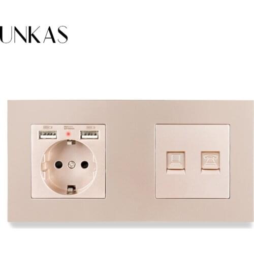 UNKAS PC Panel EU Standard Electric Socket with 2 USB + RJ45 CAT5E Internet Jack Wall Data Socket Computer Outlet 172*86MM
