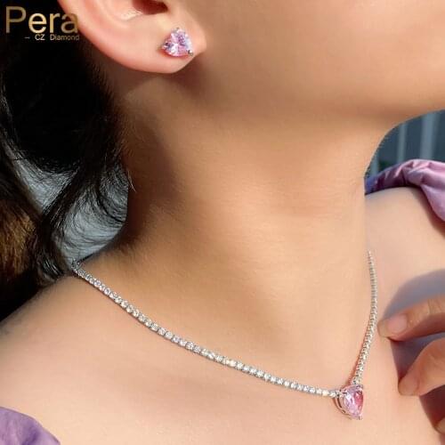 Pera Sweet Pink Cubic Zirconia Love Heart Pendant Clavicle Necklace Earrings Set for Girlfriend Birthday Party Jewelry Gift J452