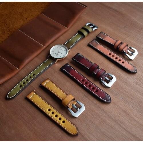 High Quality Leather Handmade Red Green Watch Straps Band 18mm 20mm 22mm 24mm Wristband Solid Buckle for Watch Accessories