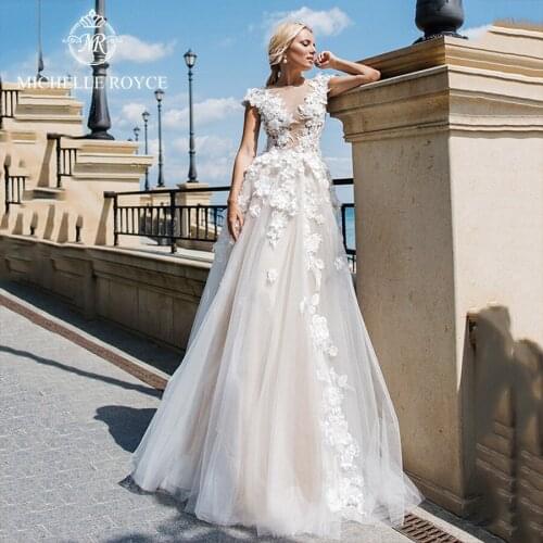Michelle Royce A-Ling Wedding Dresses 2020 Scoop Appliques Illusion Button Princess Court Train Wedding Gowns Vestido De Noiva