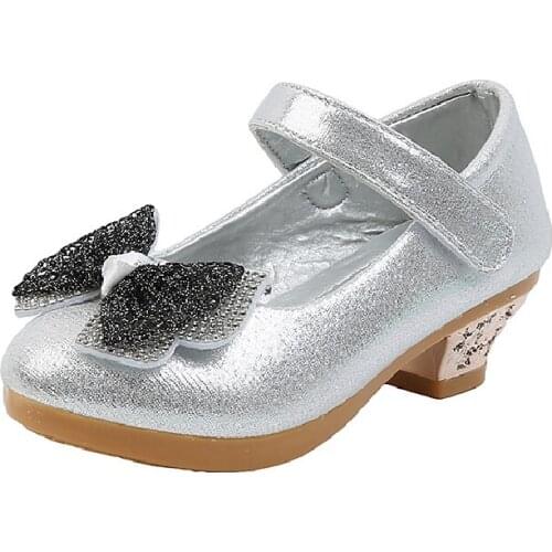 Princess Kids Leather Shoes For Girls Bowtie Casual Glitter Children High Heel 2021New Girls Shoes Rhinestones Gold Pink Silver