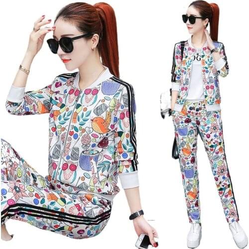 Spring and Autumn Fashion Big Flower Cardigan Jacket Three-piece Womens Sportswear Casual Suit
