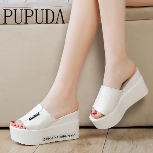 PUPUDA Black Wedge Slippers Female New High Heels Slippers Outdoor Platform Slippers Women White Chunky Shoes