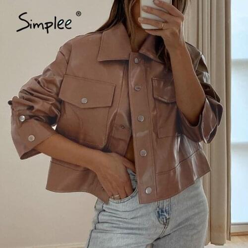 Simplee Autumn Winter Office Ladies Solid Leather Coats Lapel Collar Skinny Women Jackets Full Regular Sleeves Female Jackets