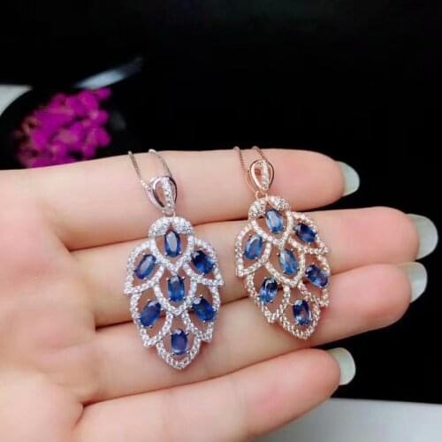 Fashion Leaf Grape string Natural blue sapphire gem Pendant necklace S925 silver Natural gemstone necklace women girl jewelery