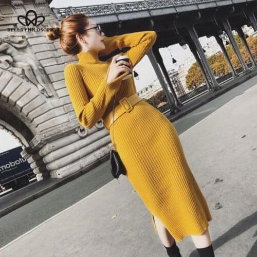 Bella Philosophy Women Turleneck Sweater Dress 2019 Autumn Winter Long Sexy Bodycon Dresses Belt Office Lady Knitted Vestidos