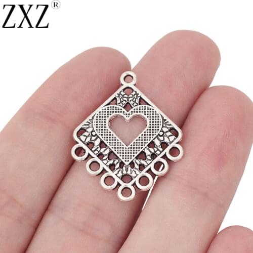 ZXZ 20pcs Tibetan Silver Square Open Heart Chandelier Connector Charms Pendants For Earring Jewelry Making Findings