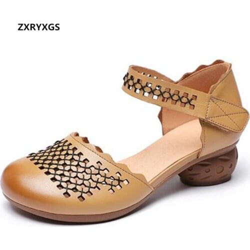 2021 Bestselling Summer Genuine Leather Sandals Ladies Fashion Sandals Thick Heel Comfort Round Toe Hollow Women Sandal Shoes