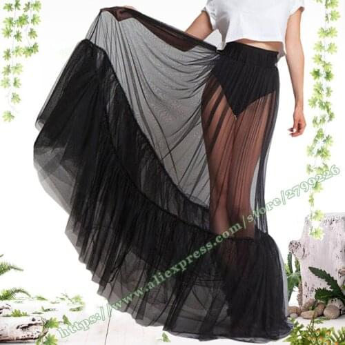 2021Summer Fashion Sexy Plus Size Black Mesh Transparent Gothic Female Wrap Skirt Designs / Long Maxi Skirts Womens