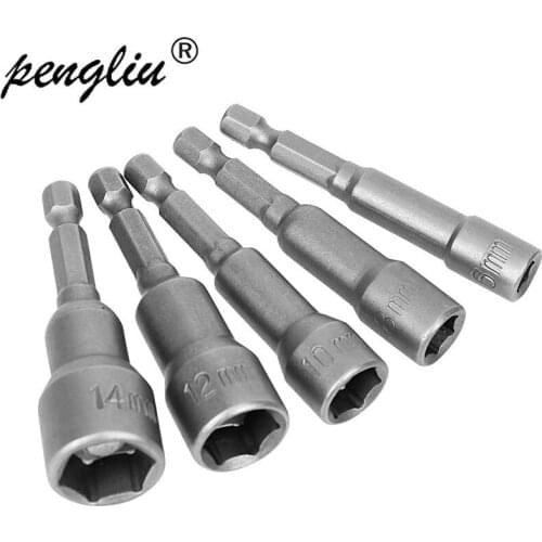 5pcs 6-14mm Hex Socket Sleeve Nozzles 1/4" Drill Bits Adapter Electric Screwdriver Strong Magnetic Nut Driver tool Set