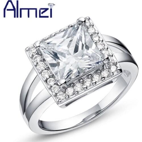Almei Engagement Big Square Stone Rings for Women Girls Silver Color Jewelry Punk Anillos Ring Bague Femme USA Dropshipping J601