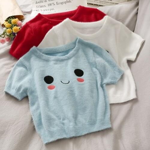 HELIAR Women Cute Smile Face T-shirts Kawaii Knitted Red Cotton Ladies Fashion Short Sleeve Velvet T-shirts For Women Autumneeee