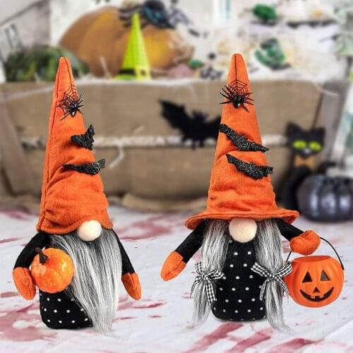 Halloween Plush Doll Couple Pointed Hat Dwarf with Pumpkin Decoration Handmade Gnomes Ornament Faceless Doll Toy Gift