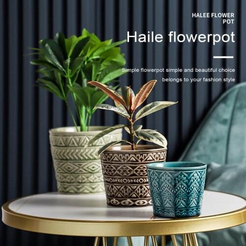 3pcs Ceramic Flower Pots Planters with Leaking Hole Bottom Vintage Geometry Pattern Plant Pot Home Decor