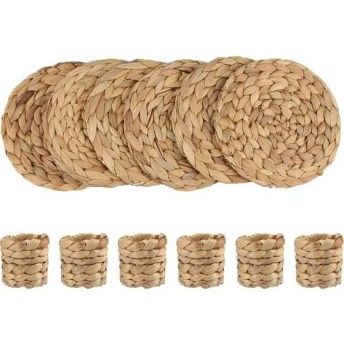 HOT-Water Hyacinth Round Placemat,Woven Wicker Table Mat With Napkin Ring,Rustic Table Setting Accessories,Kitchen Straw Mat