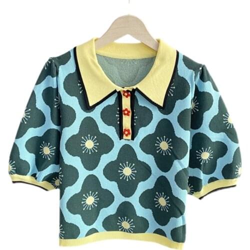 Summer Womens Knitted Flower Jacquard Puff Sleeve Turn Down Collar Pullover Sweater Contrast Color Chic Knit Cropped Top