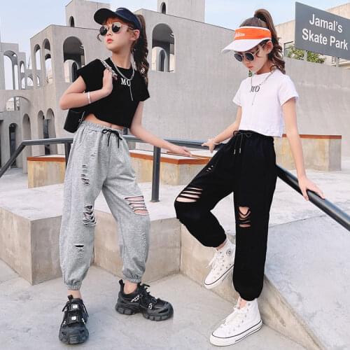 Teenager Girls Summer Fashion Streetwear Clothing Set Crop Top And Ripped Hole Sweatpants Cotton 2PCS Outfits For Kids 4-14Years