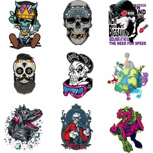 Dinosaur Animal Ironing Stickers Heat Transfer Vinyl Patch Thermal Iron On Transfer For Clothes Baby Tshirt Punk Skull Appliques