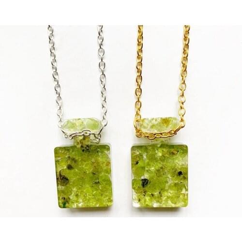 Natural Olivine Peridot Crystal Quartz Orgone Pendant Metal Chain Necklace Orgonite Energy Healing Stone Bottle Geometric 1pc