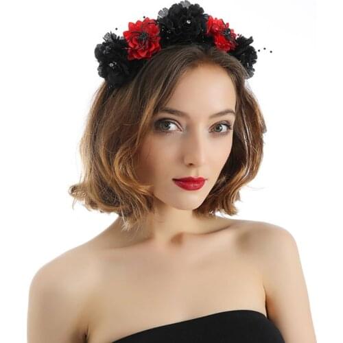 Halloween Day of The Dead Headband Vintage Artificial Rose Flower Beaded Hair Hoop Crown Scary Spider Cosplay Headpiece