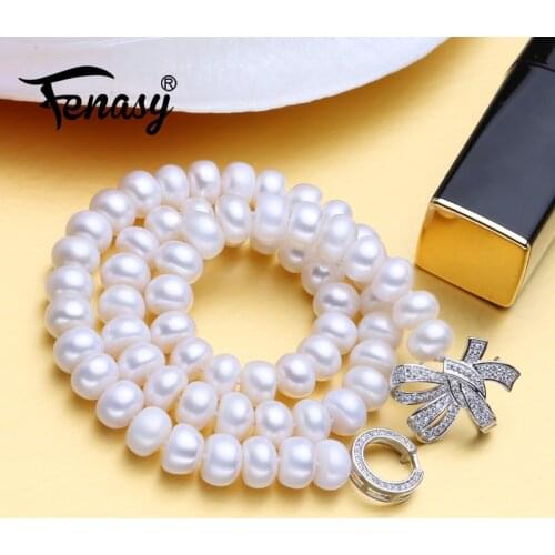 FENASY Natural Freshwater Pearl Necklaces For Women Luxury Bowknot Buckle Long Necklaces Wedding Engagement Jewelry Idea Gift