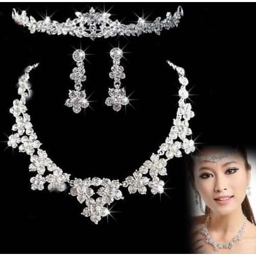 1Set Flower Crystal Pearl Bride Necklace Earrings Headband Tiara Bridal Wedding Jewelry For Women