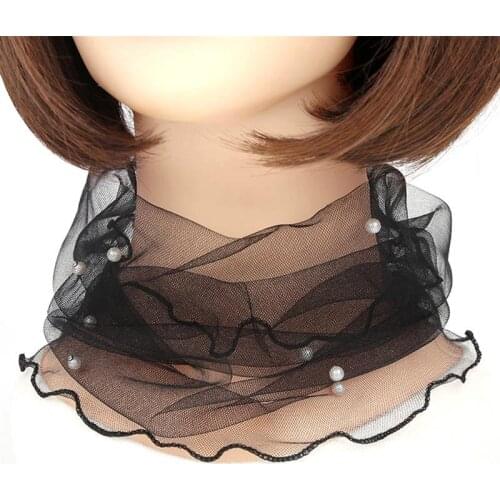 1pc Elegant Transparent Women Ladies Scarf Fake Pearl Decor Mesh Necklace Scarf Circle Scarf For Autumn Clothing Accessories
