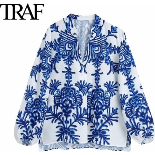 Traf 2021 Spring Autumn Womans Clothing Long Sleeve Blouse Ladies Harajuku Tops Chic Vintage Printed Loose Shirt