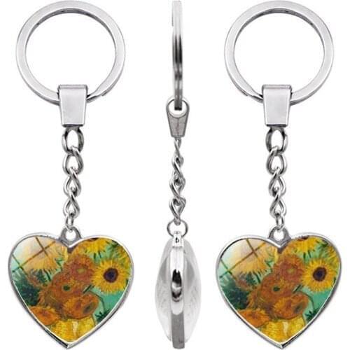 WG 1pc Van Gogh Sunflower Star Moon Night Heart Time Gem&stone Keychain Pendant Metal Cabochon Keyring For Women Jewelry