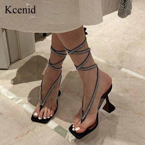Kcenid Plus Size 35-42 Crystal Womens Sandals Open Toe Gladiator Narrow Band Rhinestone Strap High Heels Shoes Summer Women