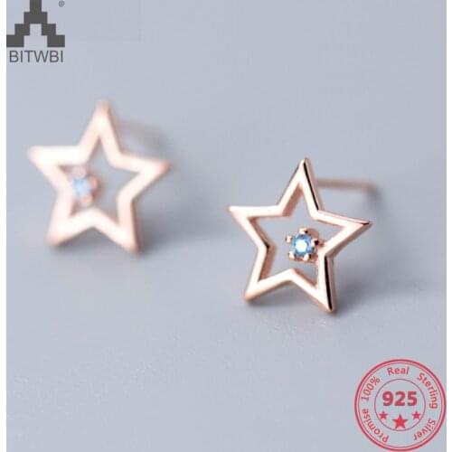 Korea New Design 925 Sterling Silver Simple Fashion Rose Gold Hollow Star Zircon Stud Earring Jewelry for Women