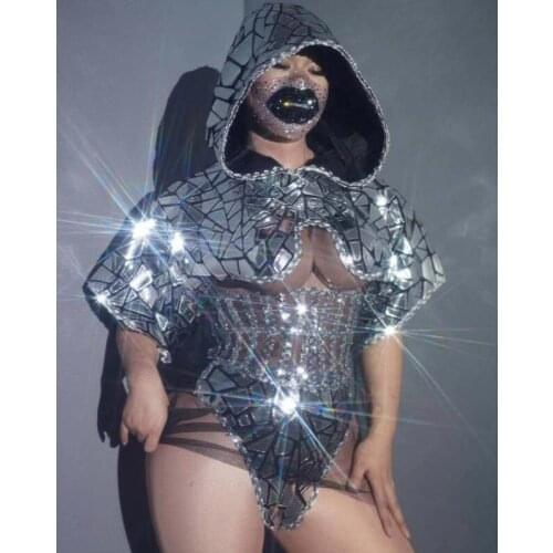 Silver AB Sequins Dancer Stage Show Outfit Women Rock Band Performance Wear Prom Party Reflective Sexy Hat Bodysuit Costume Set